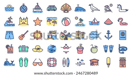Summer Beach and Vacation Icons set. Travel, seasonal holiday objects, landscapes, surfing, activities graphic elements. 