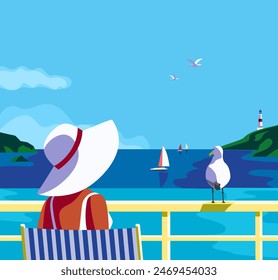 Summer beach vacation journey vector poster. Enjoy sea life concept. Female relax in lounge chair on tropical seaside view background. Summertime vacation getaway tourist travel journey illustration