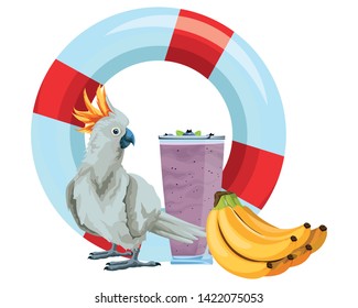 summer beach and vacation with lifebuoy cockatoo, tropical fruit and smoothie drink icon cartoon vector illustration graphic design