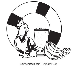 summer beach and vacation with lifebuoy cockatoo, tropical fruit and smoothie drink icon cartoon in black and white vector illustration graphic design