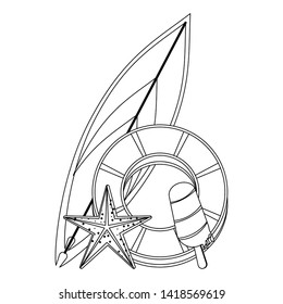 summer beach and vacation with lifebuoy, ice lolly, starfish and surf board icon cartoons in black and white vector illustration graphic design