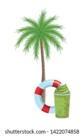 summer beach and vacation with lifebuoy, palm and smoothie drink icon cartoon vector illustration graphic design