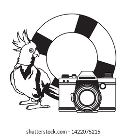 summer beach and vacation with lifebuoy, photographic camera and cockatoo icon cartoon in black and white vector illustration graphic design