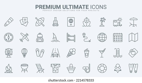 Summer beach vacation, outdoor tourism and travel holidays thin line icons set vector illustration. Outline palm tree and passport for airplane or ship trip, backpack and luggage, compass and camera