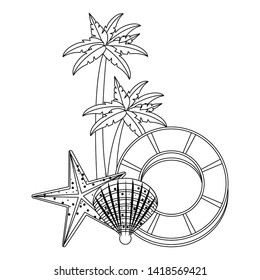 summer beach and vacation with palms, shell, starfish icon cartoons in black and white vector illustration graphic design