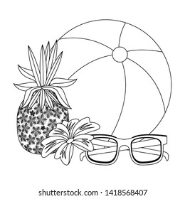 summer beach and vacation with pineapple, beach balloon, sunglasses icon cartoons in black and white vector illustration graphic design