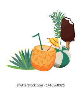 summer beach and vacation with pineapple beverage, beach balloon and ice lolly icon cartoons vector illustration graphic design