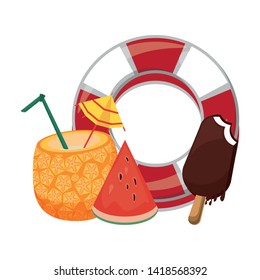 summer beach and vacation with pineapple beverage, watermelon icon cartoons vector illustration graphic design