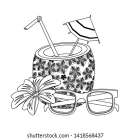 summer beach and vacation with pineapple beverage, sunglasses icon cartoons in black and white vector illustration graphic design