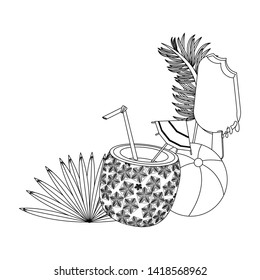 summer beach and vacation with pineapple beverage, beach balloon and ice lolly icon cartoons in black and white vector illustration graphic design
