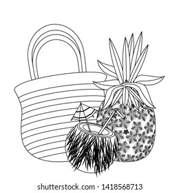 summer beach and vacation with pineapple, coconut beverage, beach bag icon cartoons in black and white vector illustration graphic design
