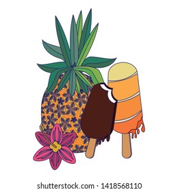 summer beach and vacation with pineapple and ice lolly icon cartoons vector illustration graphic design