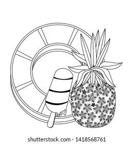 summer beach and vacation with pineapple, ice lolly icon cartoons in black and white vector illustration graphic design