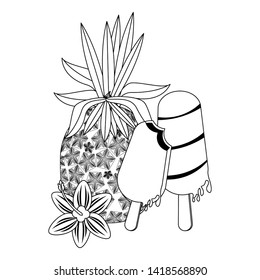 summer beach and vacation with pineapple and ice lolly icon cartoons in black and white vector illustration graphic design
