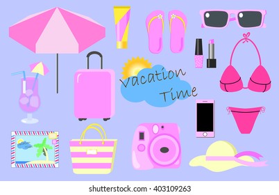 Summer beach vacation in pink vector clipart, Barbie girl fashion holiday luggage pack illustration, summer beach isolated elements, baggage bag, umbrella, icy cocktail, slippers, sunglasses, Instant