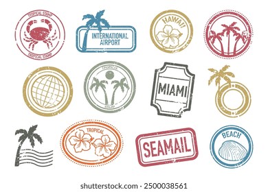 Summer beach vacation postal stamps set with grunge vintage texture and travel tropical symbols. Mail and postcards prints design collection isolated on white background. Exotic resort trip adventure