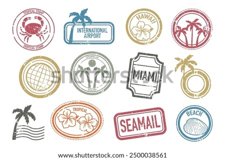 Summer beach vacation postal stamps set with grunge vintage texture and travel tropical symbols. Mail and postcards prints design collection isolated on white background. Exotic resort trip adventure