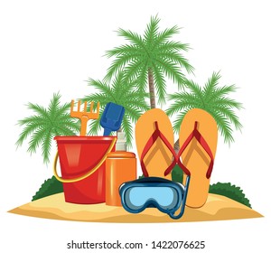 summer beach and vacation with sand bucket with slove and rake toys, sunscreen jar, sandals and snorkel icon cartoon over the beach with palms vector illustration graphic design