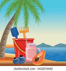 summer beach and vacation with sand bucket with slove and rake toys, tropical fruit and smoothie drink icon cartoon over the beach with seascape vector illustration graphic design
