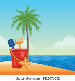 summer beach and vacation with sand bucket with slove and rake toys, starfish and palm icon cartoon over the beach with seascape vector illustration graphic design