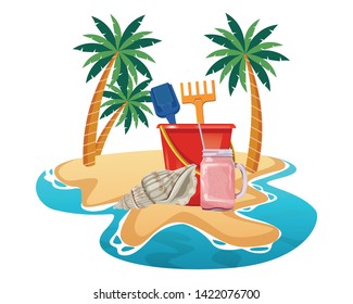 summer beach and vacation with sand bucket with slove and rake toys, seashell and smoothie drink icon cartoon over the sand with palms vector illustration graphic design