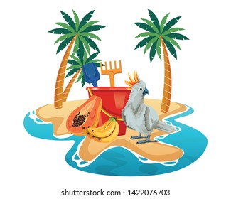 summer beach and vacation with sand bucket with slove and rake toys, cockatoo and tropical fruit icon cartoon over the sand with palms vector illustration graphic design