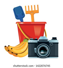 summer beach and vacation with sand bucket with slove and rake toys, photographic camera and tropical fruit icon cartoon vector illustration graphic design