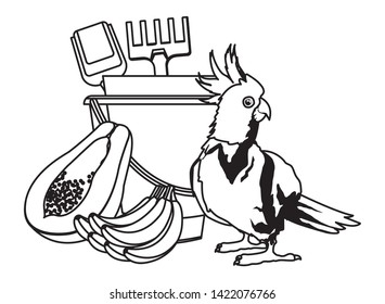 summer beach and vacation with sand bucket with slove and rake toys, cockatoo and tropical fruit icon cartoon in black and white vector illustration graphic design
