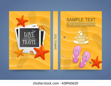 Summer beach vacation scene with flat photo frame on the sand, Cover A4 size, vector illustration