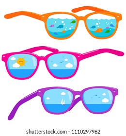 Summer beach vacation scenes reflected in colorful sunglasses. Vector illustration