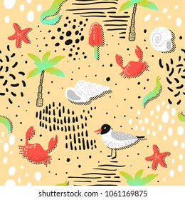 Summer Beach Vacation Seamless Pattern with Seagulls and Palms in Childish Style. Cute Background with Ice Cream and Abstract Elements for Decoration. Vector illustration
