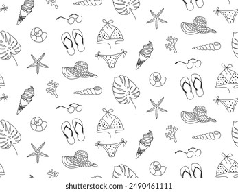 Summer beach vacation seamless pattern. Doodle sketch drawn Bikini, hat, sunglasses, flip flop, ice cream, seashell. Rest, tourism, travel background. Cute sea black and white illustration 