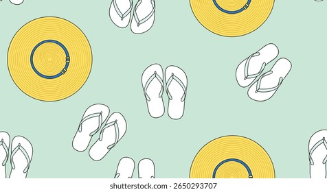 Summer Beach Vacation Seamless Pattern with Flip Flops and Hats All Over Print