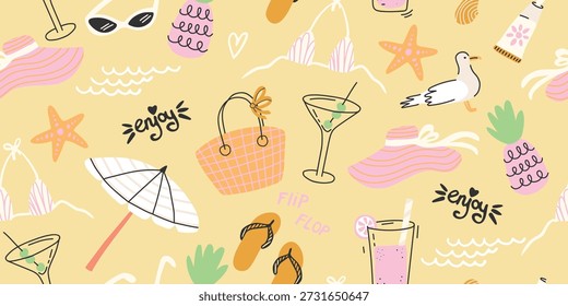Patrón sin fisuras de vacaciones de playa de verano, fondo de viaje de garabatos dibujado a mano, estilo de vida soleado impresión tropical con cócteles y piñas