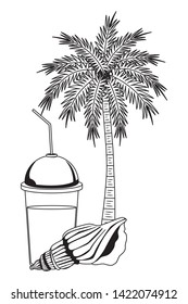 summer beach and vacation with seashell, palm and smoothie drink icon cartoon in black and white vector illustration graphic design