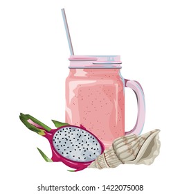 summer beach and vacation with seashell, tropical fruit and smoothie drink icon cartoon vector illustration graphic design