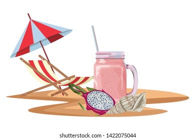 summer beach and vacation with seashell, tropical fruit and smoothie drink icon cartoon with beach chair and umbrella on the sand vector illustration graphic design