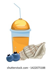 summer beach and vacation with seashell, tropical fruit and smoothie drink icon cartoon vector illustration graphic design