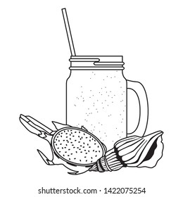 summer beach and vacation with seashell, tropical fruit and smoothie drink icon cartoon in black and white vector illustration graphic design