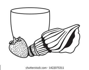 summer beach and vacation with seashell, tropical fruit and smoothie drink icon cartoon in black and white vector illustration graphic design