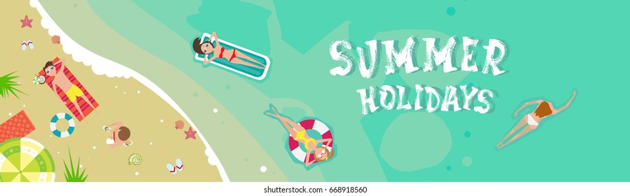 Summer Beach Vacation Seaside Sand Tropical Holiday Banner Flat Vector Illustration