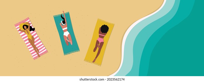 Summer, Beach Vacation Seaside, Seashore, Shoreline Banner Background. Relaxed Beautiful People On The Beach. Sexy Girls Lying On Sand, Top View. Vector Illustration