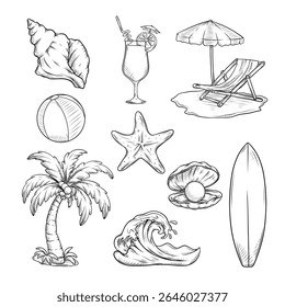 summer beach vacation set collection with line art hand drawn illustration
