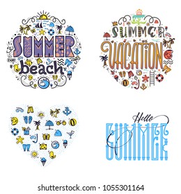 Summer beach and vacation Set of summer colored icons in the shape of a circle and heart, in a cartoon style doodle, completely handmade.