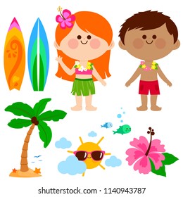 Summer beach vacation set with Hawaiian boy and girl children. Vector illustration