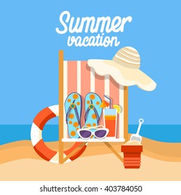 Summer Beach Vacation Set Sand Tropical Banner Flat Vector Illustration