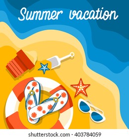 Summer Beach Vacation Set Sand Tropical Banner Flat Vector Illustration
