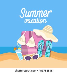 Summer Beach Vacation Set Sand Tropical Banner Flat Vector Illustration