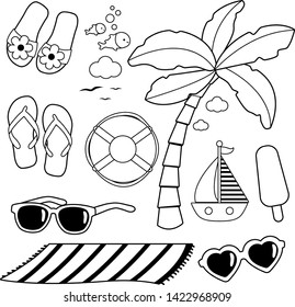 Summer beach vacation set. Vector black and white coloring page.