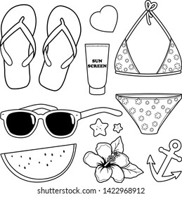 Summer beach vacation set. Vector black and white coloring page.